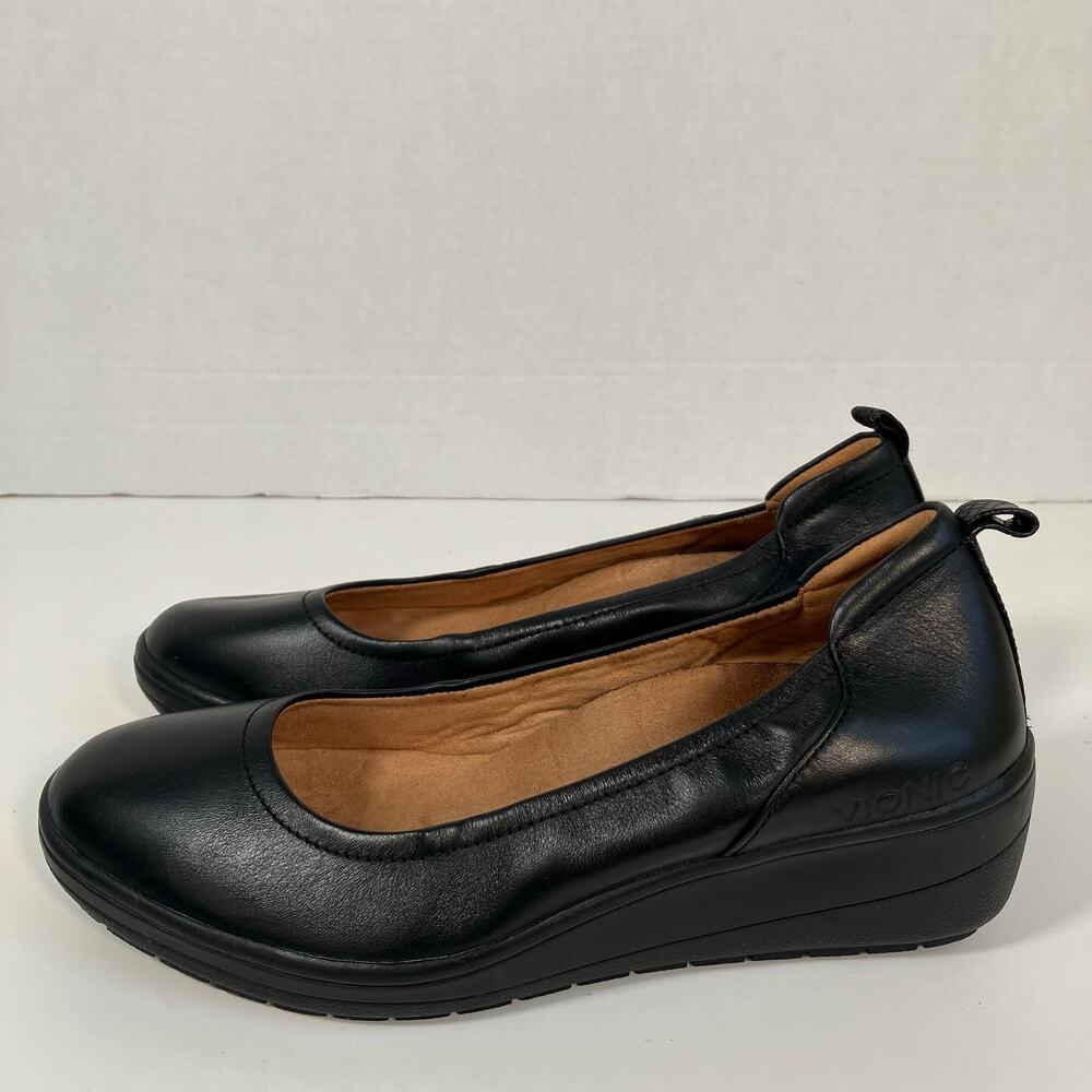 Vionic Sz 7 Jacey Black Leather Slip-on Wedge Shoes Office Work Comfortable